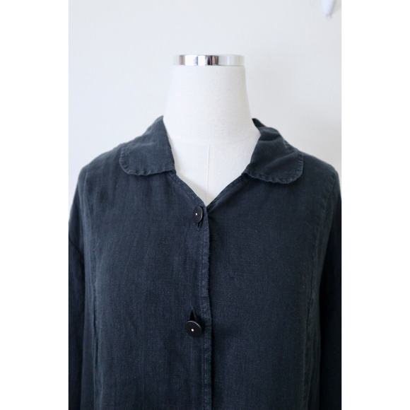 Flax Size L Woven Linen Collared Jacket Button Front High Low Hem Black - Picture 3 of 12